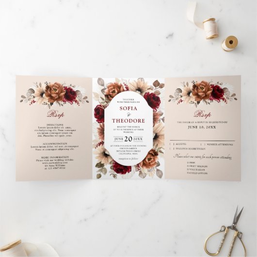 Terracotta Burgundy Mauve Floral Geometric Wedding Drieluik Aankondiging (Binnen)