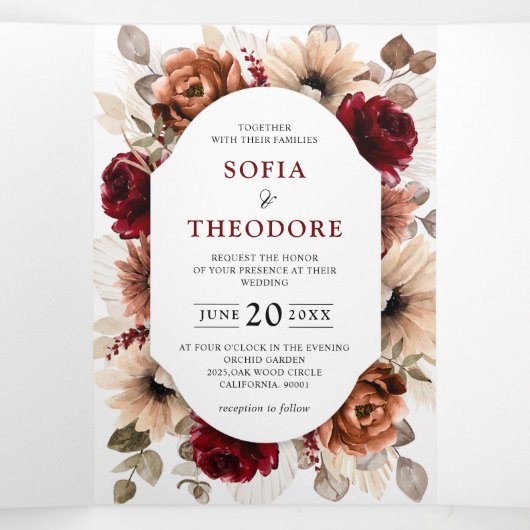 Terracotta Burgundy Mauve Floral Geometric Wedding Drieluik Aankondiging (Binnenkant midden)