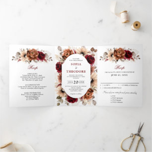Terracotta Burgundy Mauve Floral Geometric Wedding Drieluik Aankondiging