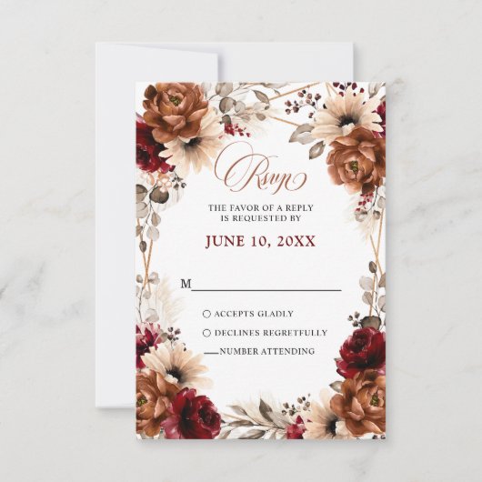 Terracotta Burgundy Mauve Floral Geometric Wedding RSVP Kaartje (Voorkant)