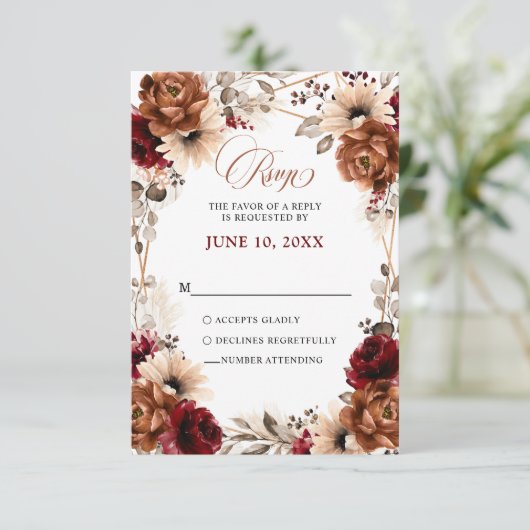Terracotta Burgundy Mauve Floral Geometric Wedding RSVP Kaartje (Staand voorkant)
