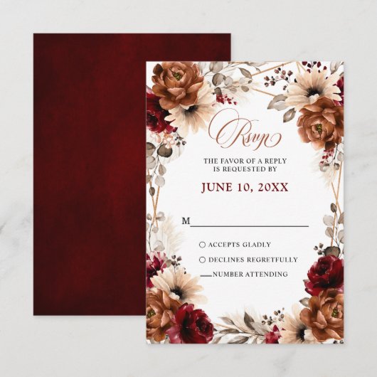 Terracotta Burgundy Mauve Floral Geometric Wedding RSVP Kaartje (Voorkant / Achterkant)