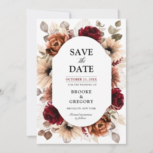 Terracotta Burgundy Mauve Floral Geometric Wedding Save The Date (Voorkant)