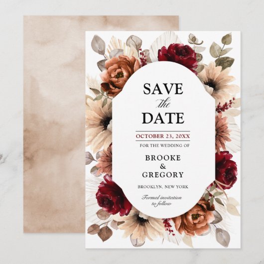 Terracotta Burgundy Mauve Floral Geometric Wedding Save The Date (Voorkant / Achterkant)