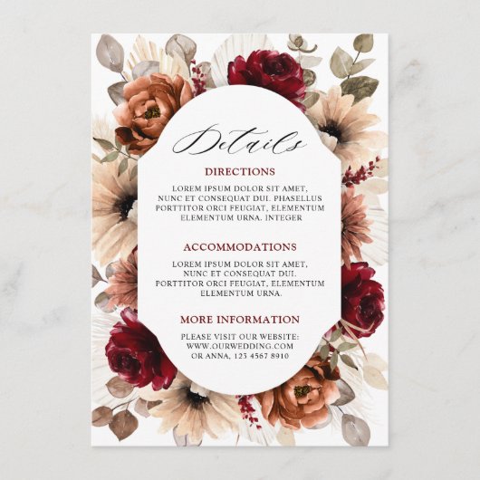 Terracotta Burgundy Mauve Floral Wedding Details Informatiekaartje (Voorkant)