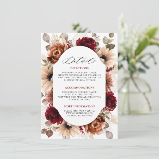 Terracotta Burgundy Mauve Floral Wedding Details Informatiekaartje (Staand voorkant)