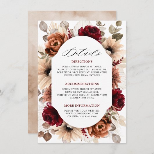 Terracotta Burgundy Mauve Floral Wedding Details Informatiekaartje (Voorkant / Achterkant)