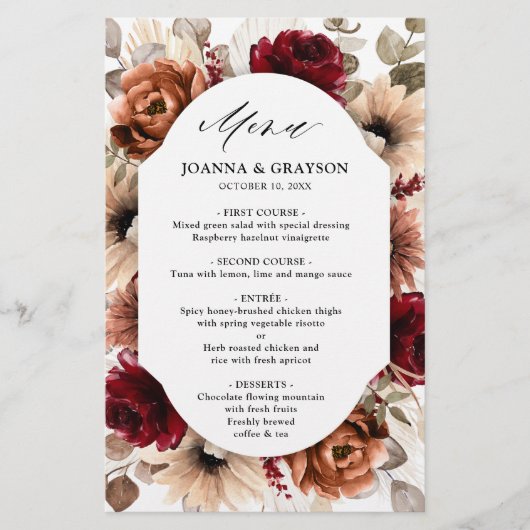 Terracotta Burgundy Mauve Floral Wedding Menu (Voorkant)