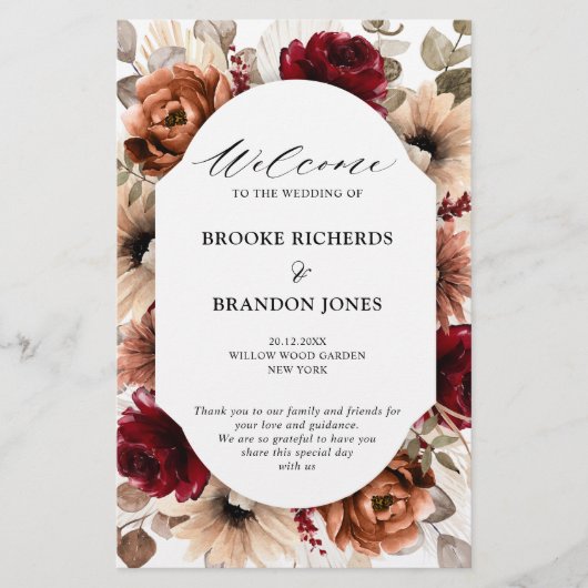 Terracotta Burgundy Mauve Floral Wedding Programme (Voorkant)