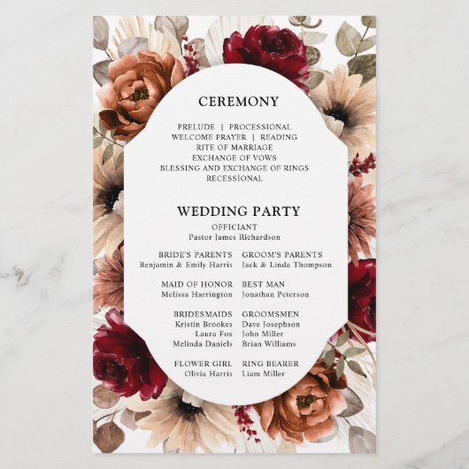 Terracotta Burgundy Mauve Floral Wedding Programme (Achterkant)