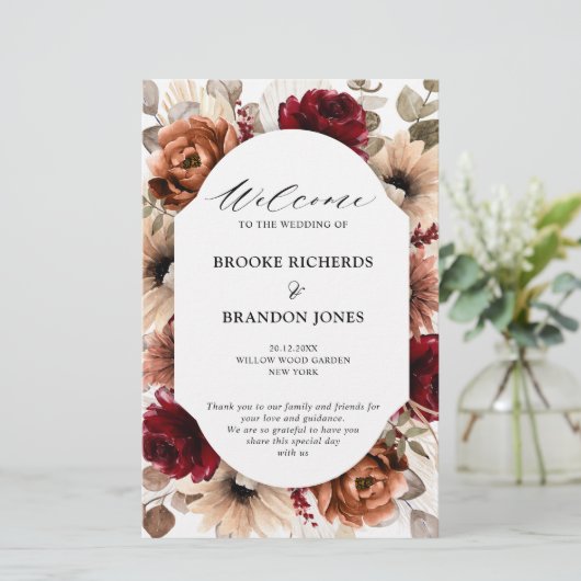 Terracotta Burgundy Mauve Floral Wedding Programme (Staand voorkant)