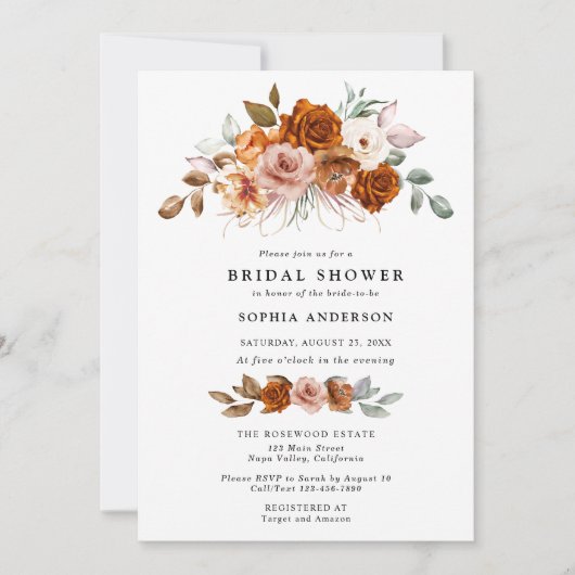 Terracotta Burnt Orange Floral Bridal Shower Kaart (Voorkant)