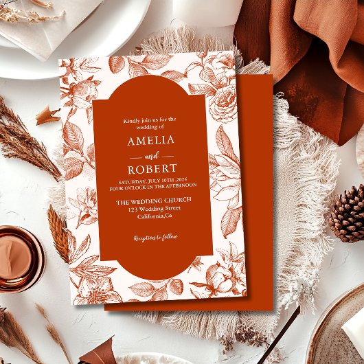 Terracotta burnt orange floral Fall Wedding Kaart