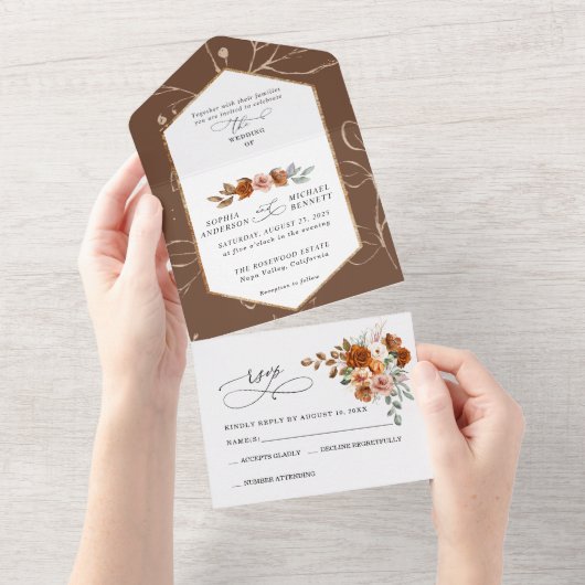 Terracotta Burnt Orange Floral Wedding All-In-One All In One Uitnodiging (Afscheurbaar)