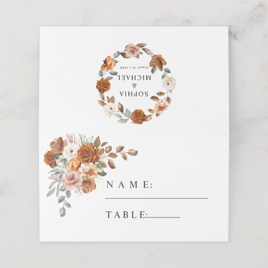 Terracotta Burnt Orange Floral Wedding Plaatskaartje (Buitenkant ongevouwen)
