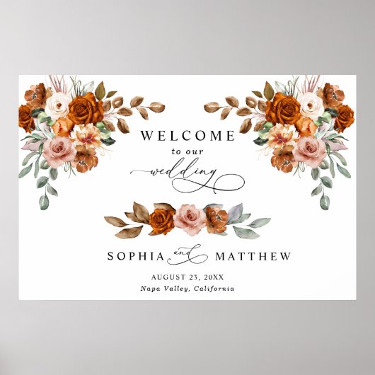 Terracotta Burnt Orange Floral Wedding Poster (Voorkant)