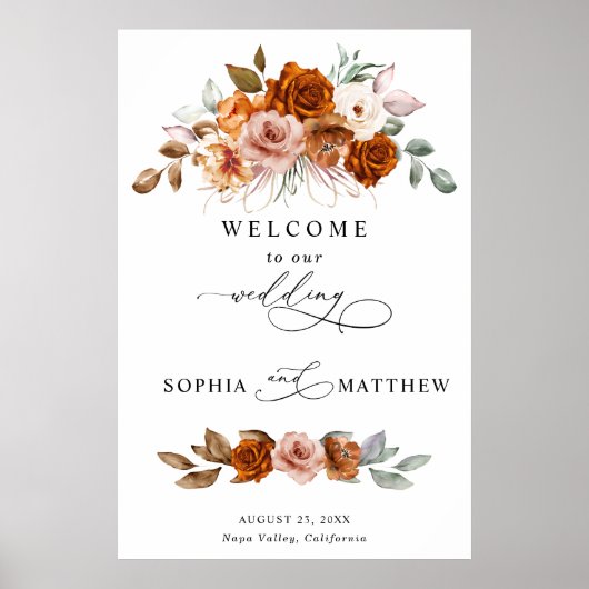 Terracotta Burnt Orange Floral Wedding Poster (Voorkant)