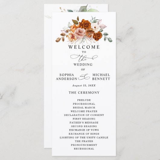 Terracotta Burnt Orange Floral Wedding Programmakaart (Voorkant / Achterkant)