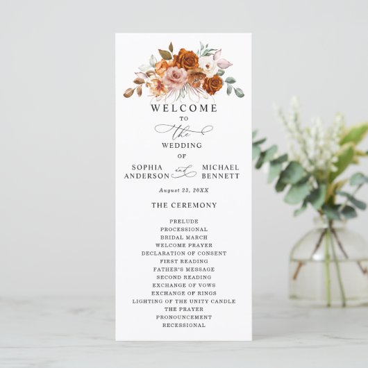 Terracotta Burnt Orange Floral Wedding Programmakaart (Staand voorkant)