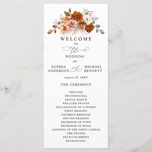 Terracotta Burnt Orange Floral Wedding Programmakaart (Voorkant)