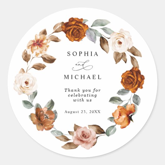 Terracotta Burnt Orange Floral Wedding Ronde Sticker (Voorkant)