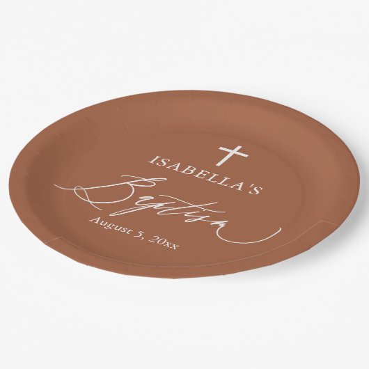 Terracotta Burnt Oranje Cross Baptism Party Borden Papieren Bordje (Gekanteld)