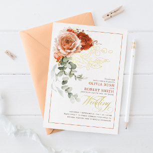 Terracotta Burnt Oranje Eucalyptus Floral Wedding Folie Uitnodiging