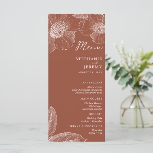 Terracotta Burnt Oranje Floral Line Art Menu (Staand voorkant)