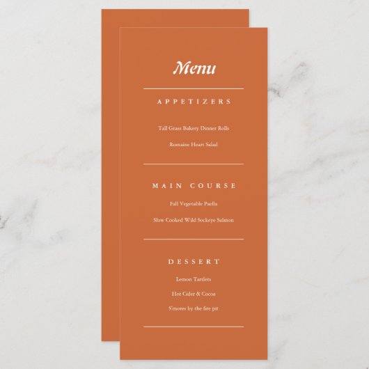 Terracotta Burnt Oranje Modern Fall Wedding Menu (Voorkant / Achterkant)