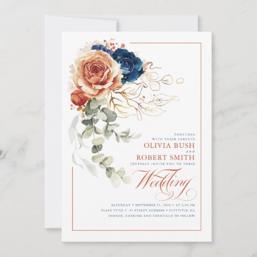 Terracotta Burnt Oranje Navy Blue Floral Wedding Kaart (Voorkant)