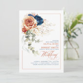 Terracotta Burnt Oranje Navy Blue Floral Wedding Kaart (Staand voorkant)
