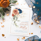 Terracotta Burnt Oranje Navy Blue Floral Wedding Kaart
