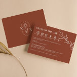 Terracotta Burnt Oranje Rustic Wedding Tijdschema Informatiekaartje<br><div class="desc">Minimalistische Terracotta verbrande Oranje Rustic Wedding Chronologie Enclosure Kaart. Monogram achteraan.</div>