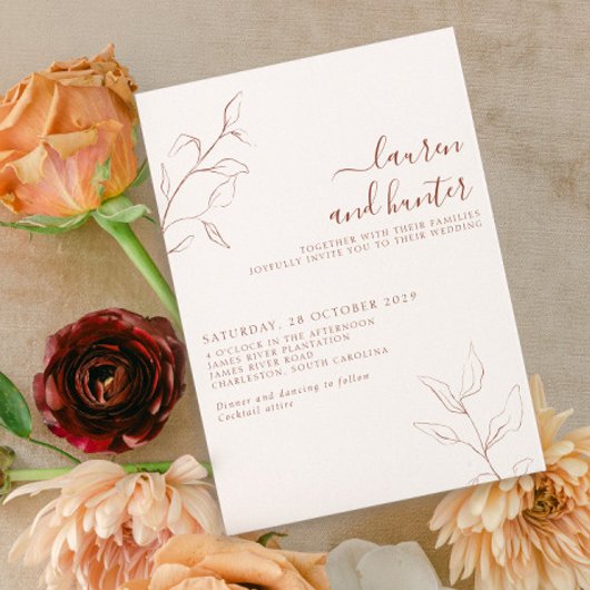 Terracotta Burnt Oranje Script Botanical Wedding Kaart