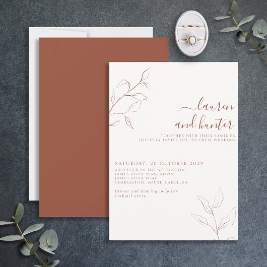 Terracotta Burnt Oranje Script Botanical Wedding Kaart