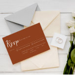 Terracotta Burnt Oranje Script Maaltijd Keuze Brui RSVP Kaartje<br><div class="desc">Een eenvoudige en elegante kalligrafie donkerbruine woestijn bruiloft rsvp kaart. Dat heeft een oranje achtergrond verbrand met witte typografie. Minimalistische roest en chique met handgeschreven letters. Met maaltijdkeuze en allergieën mogelijkheid.</div>