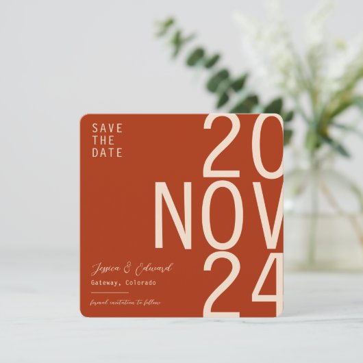 Terracotta Burnt Sinaasappel & Beige Boho Rustiek Save The Date (Staand voorkant)