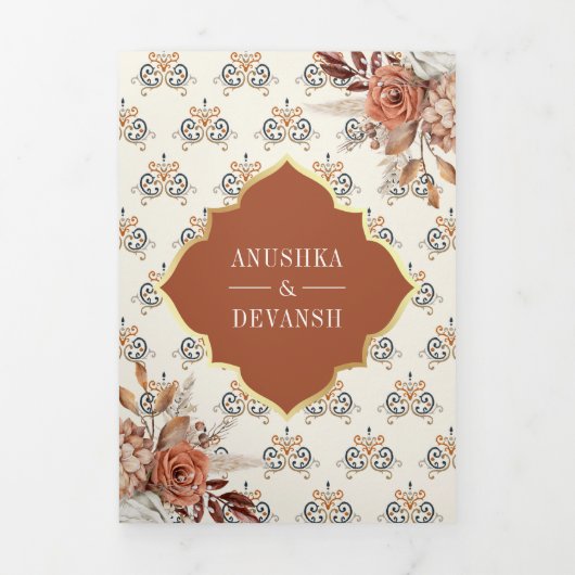 Terracotta Burnt Sinaasappel Bloemen Indische brui Drieluik Uitnodiging (Cover)