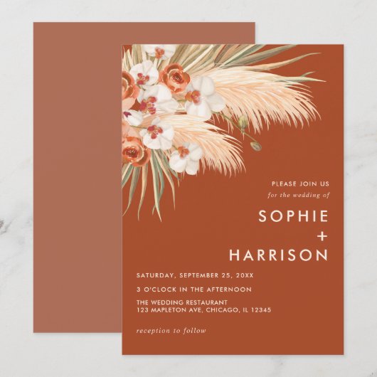 Terracotta Burnt Sinaasappel Boho Pampas Grass Wed Kaart (Voorkant / Achterkant)