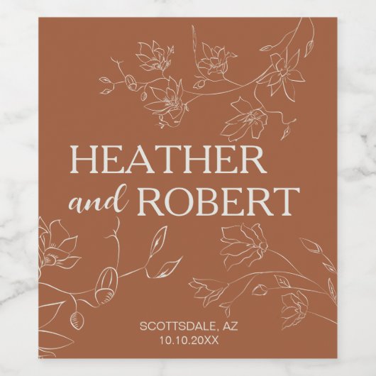 Terracotta Burnt Sinaasappel Floral Botanical Wedd Wijn Etiket (Enkel label)