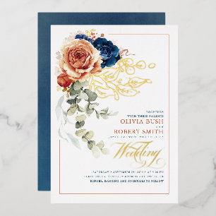 Terracotta Burnt Sinaasappel Floral Navy Blue Wedd Folie Uitnodiging