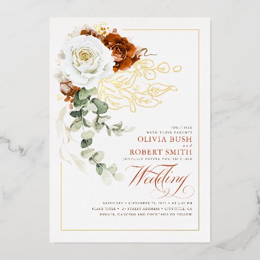 Terracotta Burnt Sinaasappel & White Floral Weddin Folie Uitnodiging (Voorkant)