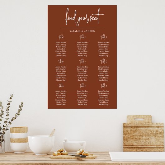 Terracotta Burnt Umber Script 9 Wedding Seat Chart Poster (Keuken)