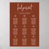 Terracotta Burnt Umber Script 9 Wedding Seat Chart Poster (Voorkant)