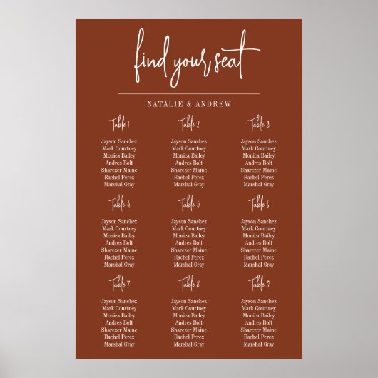 Terracotta Burnt Umber Script 9 Wedding Seat Chart Poster (Voorkant)