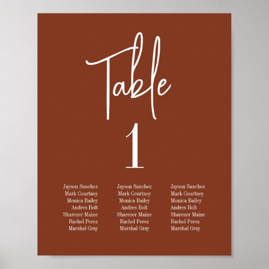 Terracotta Burnt Umber Script Table Seating Chart Poster (Voorkant)