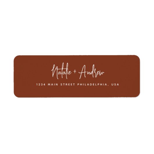 Terracotta Burnt Umber Script Wedding Return Etiket (Voorkant)