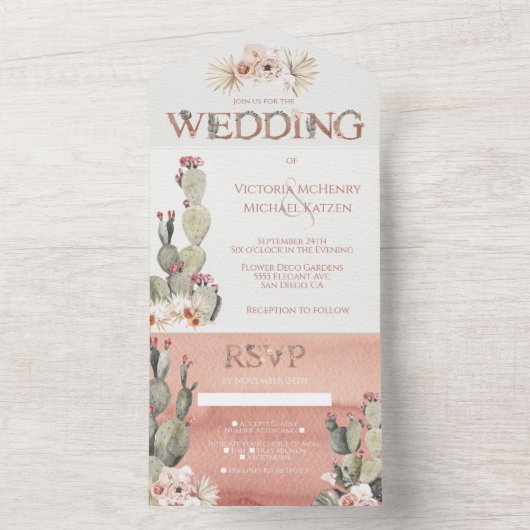 Terracotta & Cactus Bruiloft All In One Uitnodiging (Binnen)
