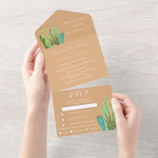 Terracotta Cactus Desert Mexico Arizona Wedding All In One Uitnodiging (Afscheurbaar)