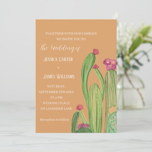Terracotta Cactus Desert Mexico Waterverf Wedding Kaart (Staand voorkant)
